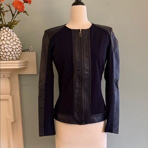 St. John Navy Blue Jacket with Leather Accents - Size 2